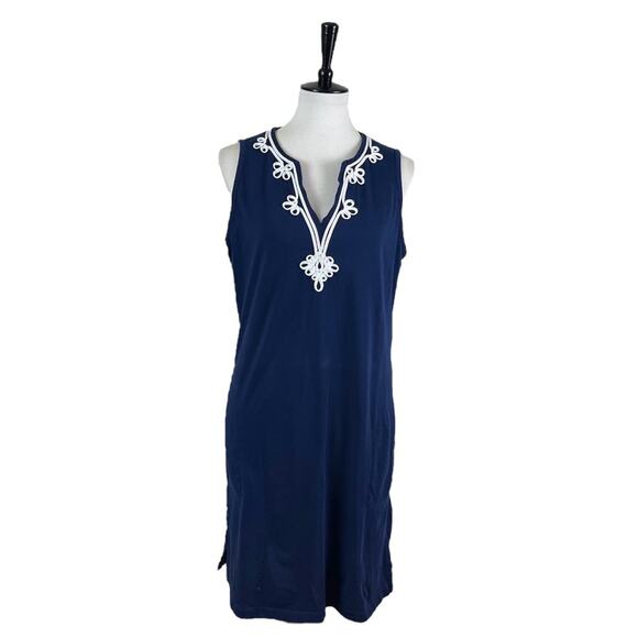 Lands’ End Shift Dress V-neck Sleeveless Soutcache Navy White Women’s Size M - Picture 1 of 10